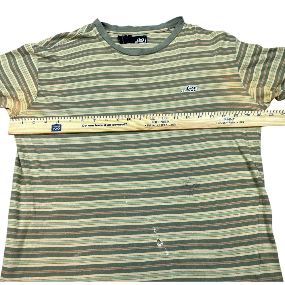 VTG‎ Lost T-Shirt Men LARGE Green Stripe Logo Embroidered Streetwear Skater Y2K